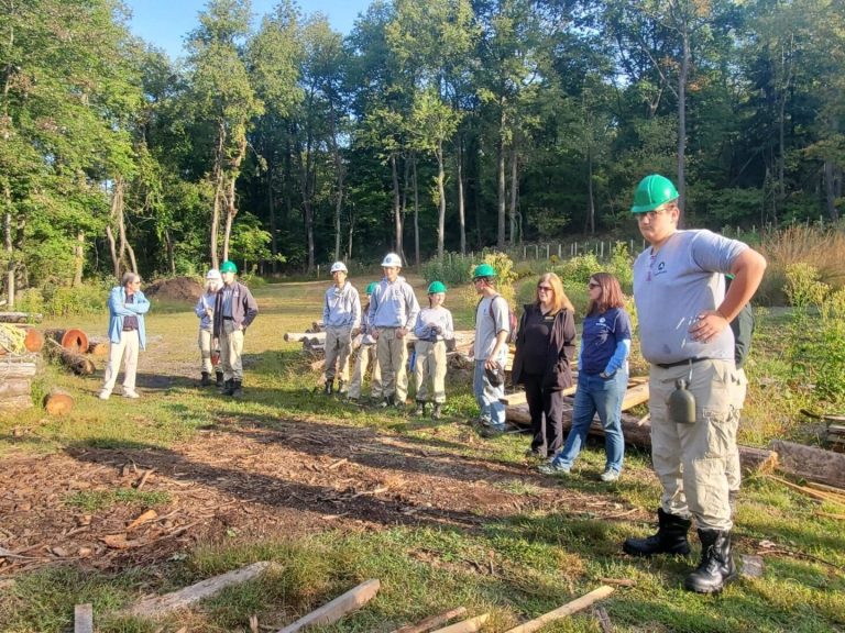 A group of Americorp members and Evergreen heritage Center employees wearing hardhats engaging in forest conservation