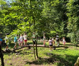 children at a summer camp walking across a balance beam made of tree trunks