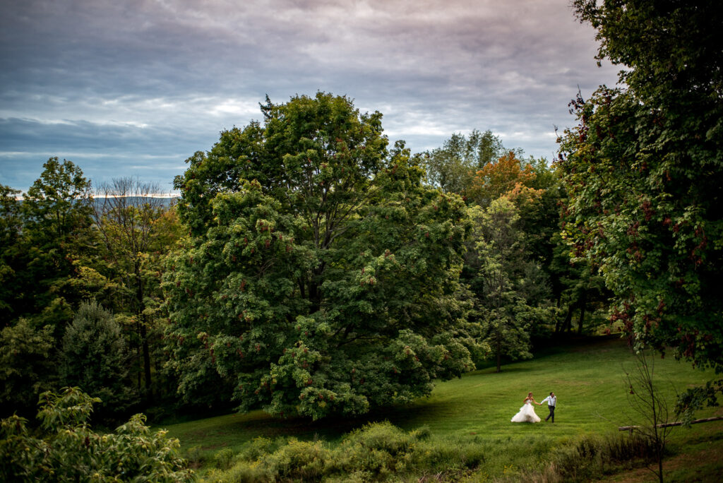 Scenic view of bride and groom walking through trees and mountains in evening light.